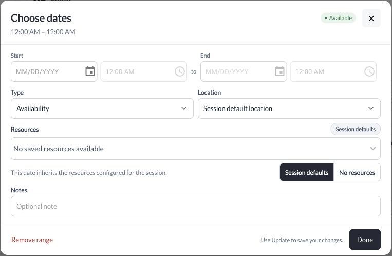Specific-date editor showing hours, availability, location, and resources