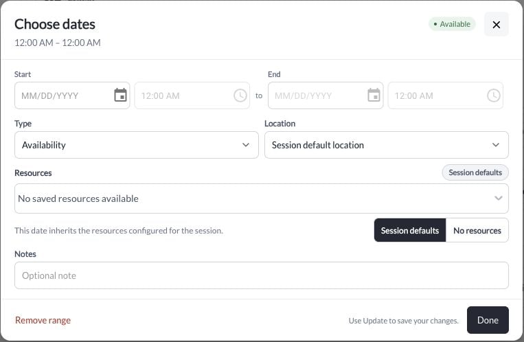 Specific-date editor showing hours, availability, location, and resources
