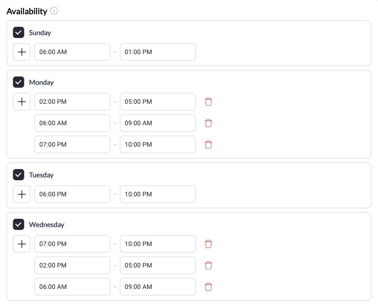 Weekly availability with selected days and time ranges