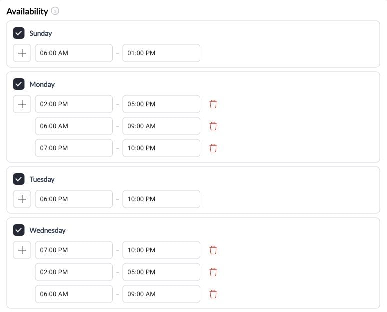 Weekly availability with selected days and time ranges