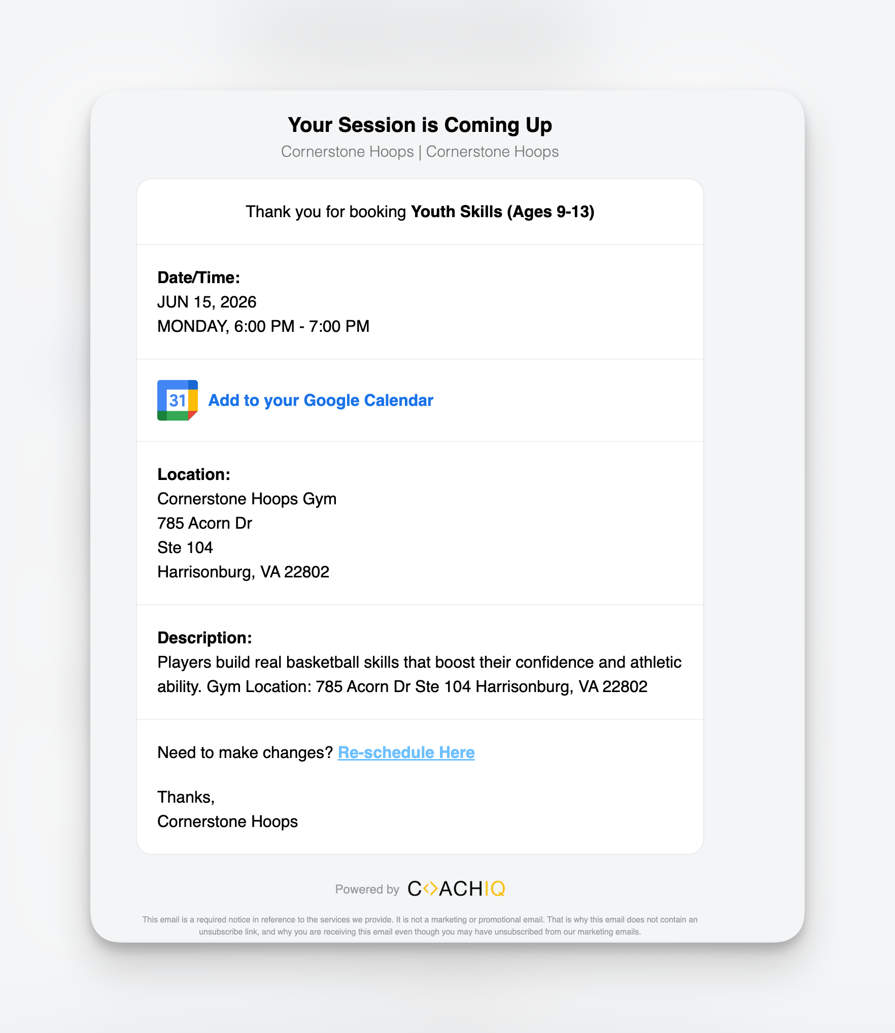 Session confirmation email titled 'Your Session is Coming Up' showing date, time, location, description, and a re-schedule link