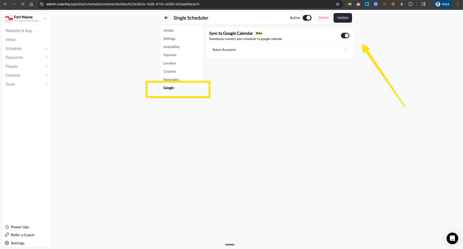 Google Calendar sync settings in scheduler builder