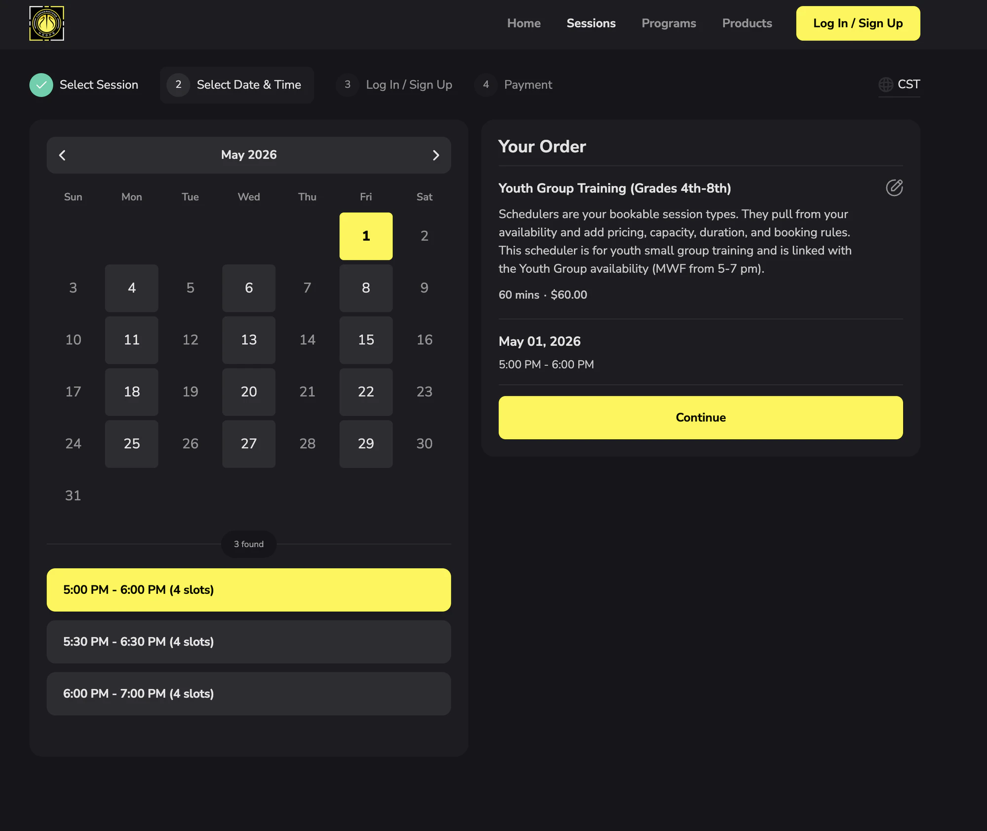 Athlete booking view showing overlapping time slots listed separately with available spots