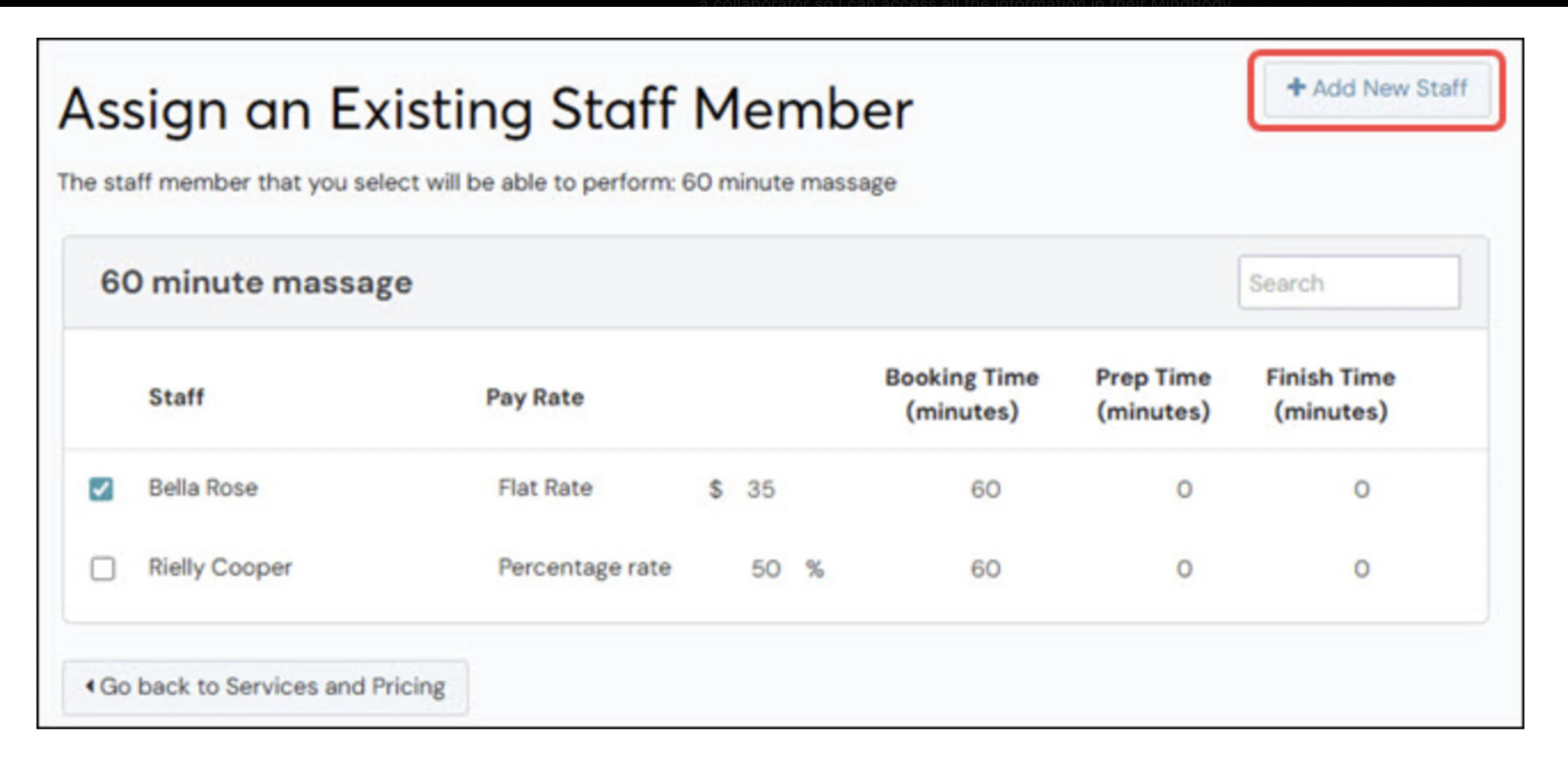 MindBody staff permissions settings showing available access levels