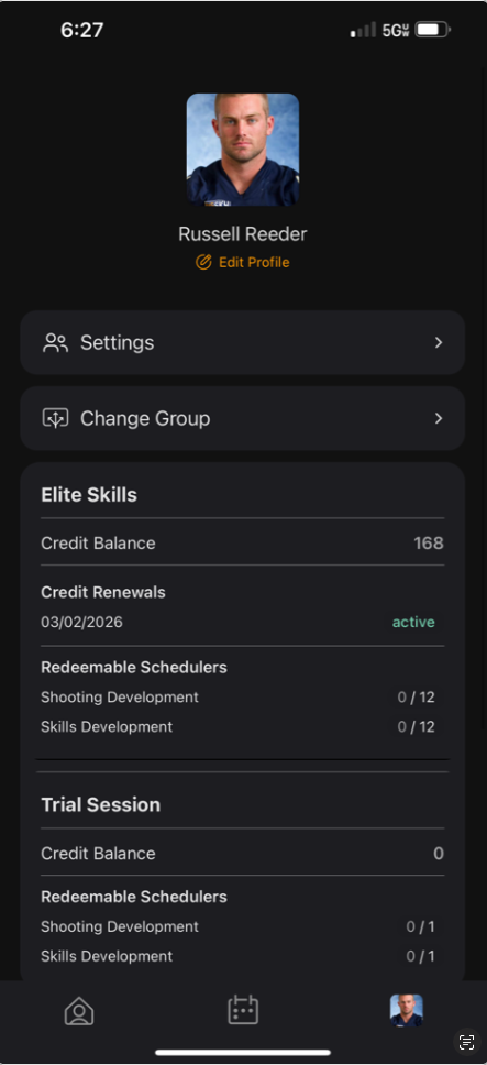 Athlete mobile view showing credit balances and redeemable schedulers