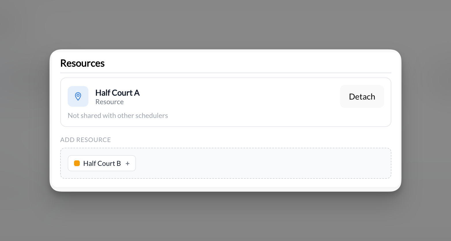 Resources panel inside scheduler settings showing attached resources