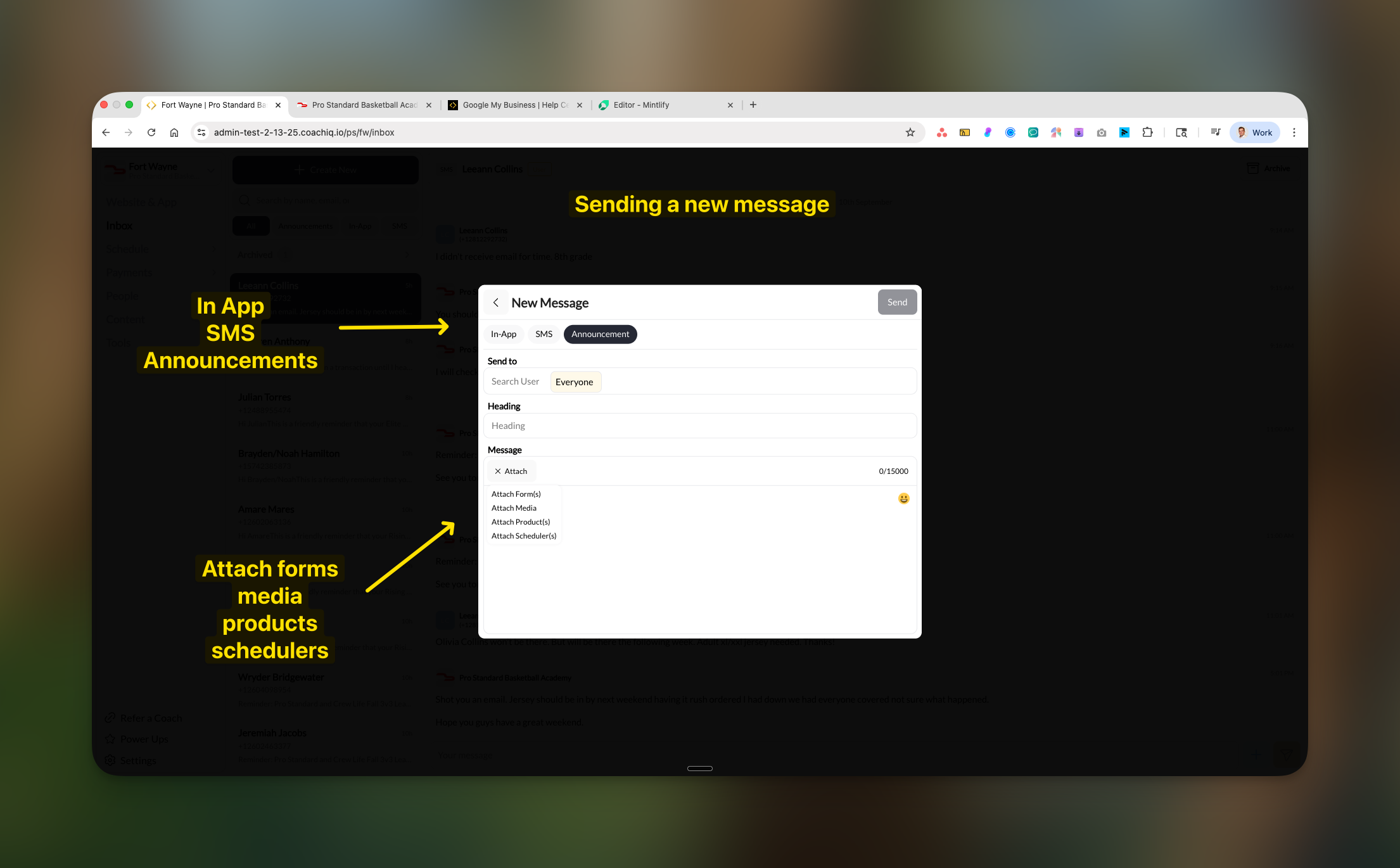 New message interface showing In-App, SMS, and Announcement options with attachment capabilities