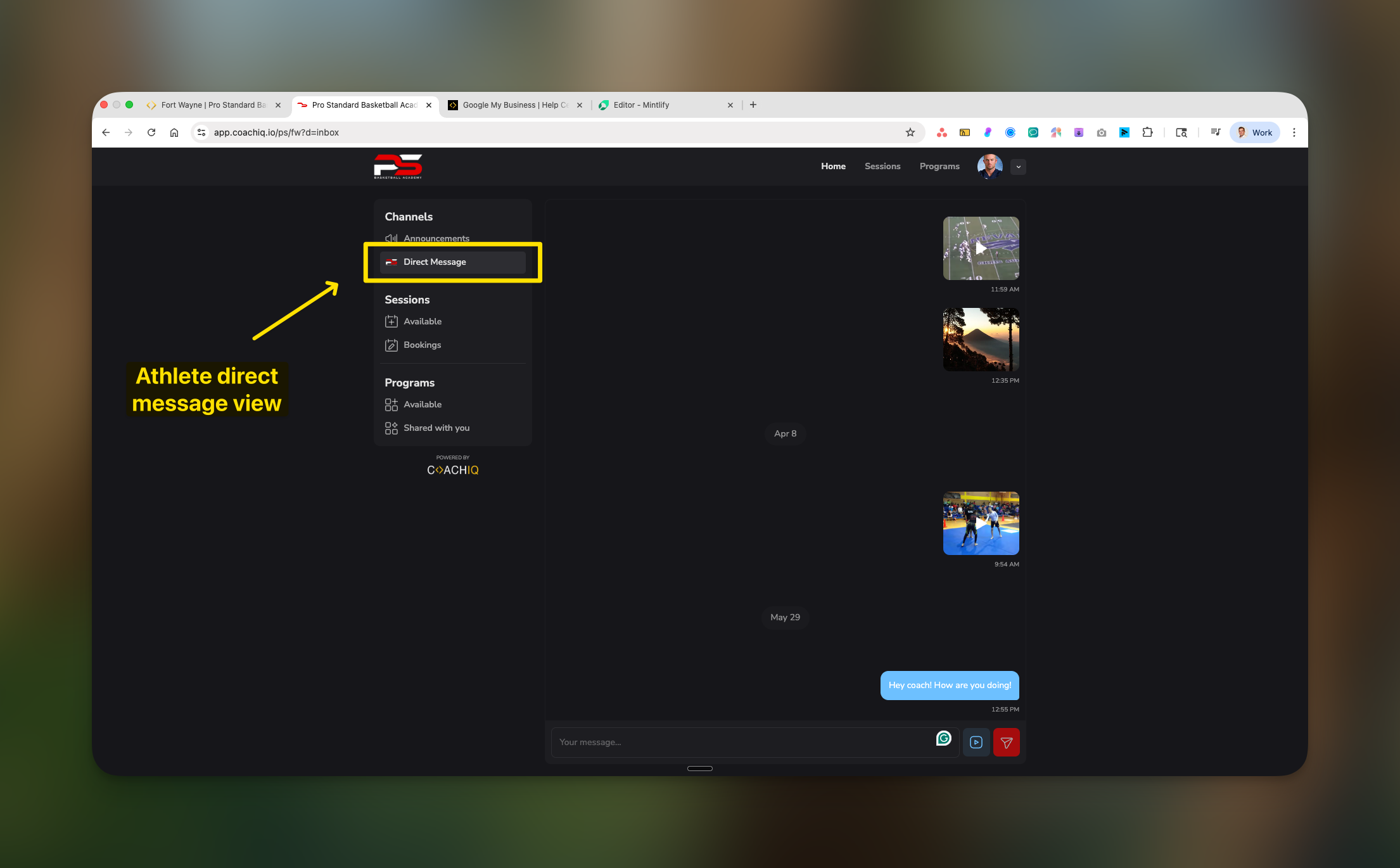 Athlete view of Channels showing Direct Messages section with media sharing capability