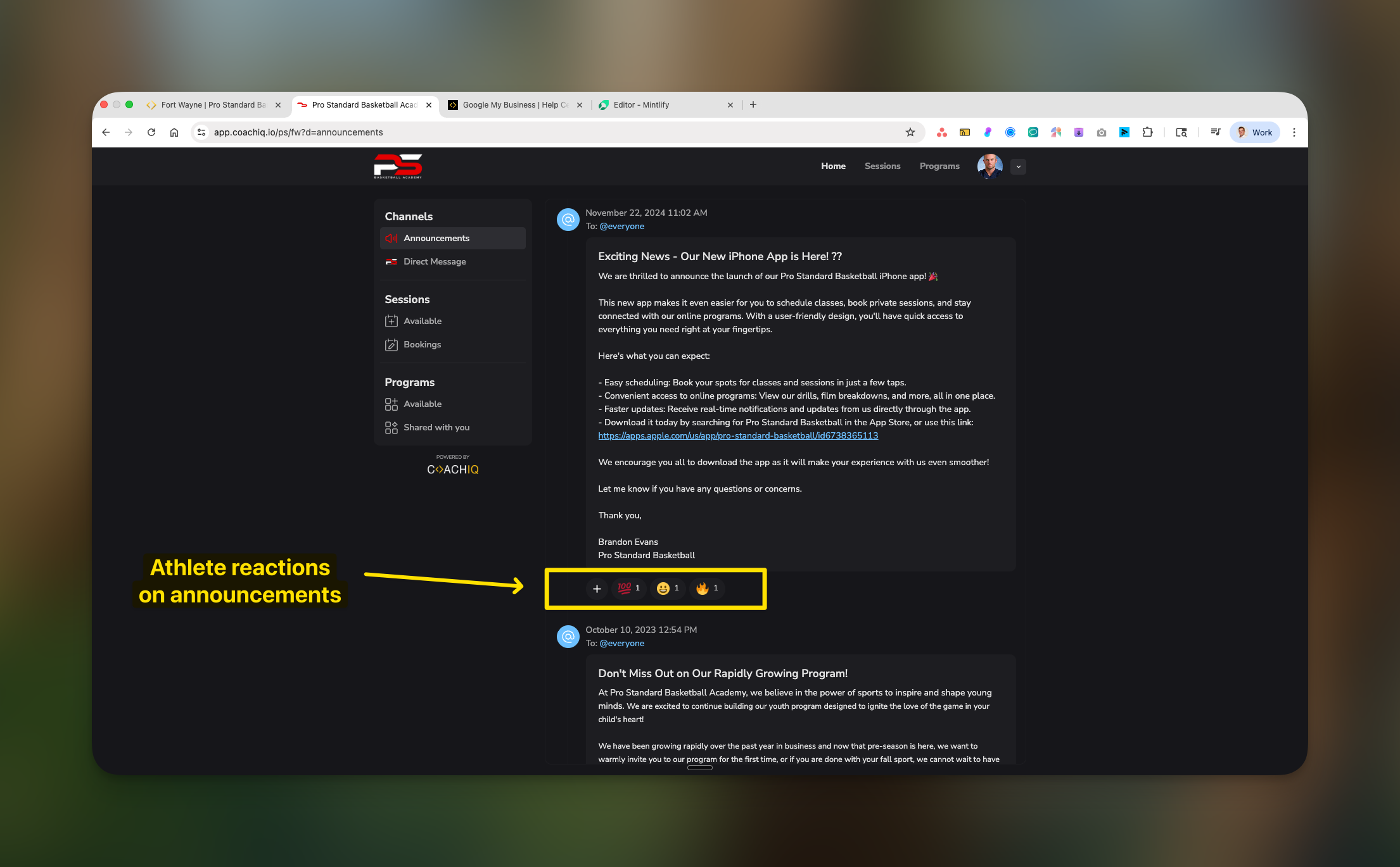 Announcement showing emoji reactions from multiple athletes
