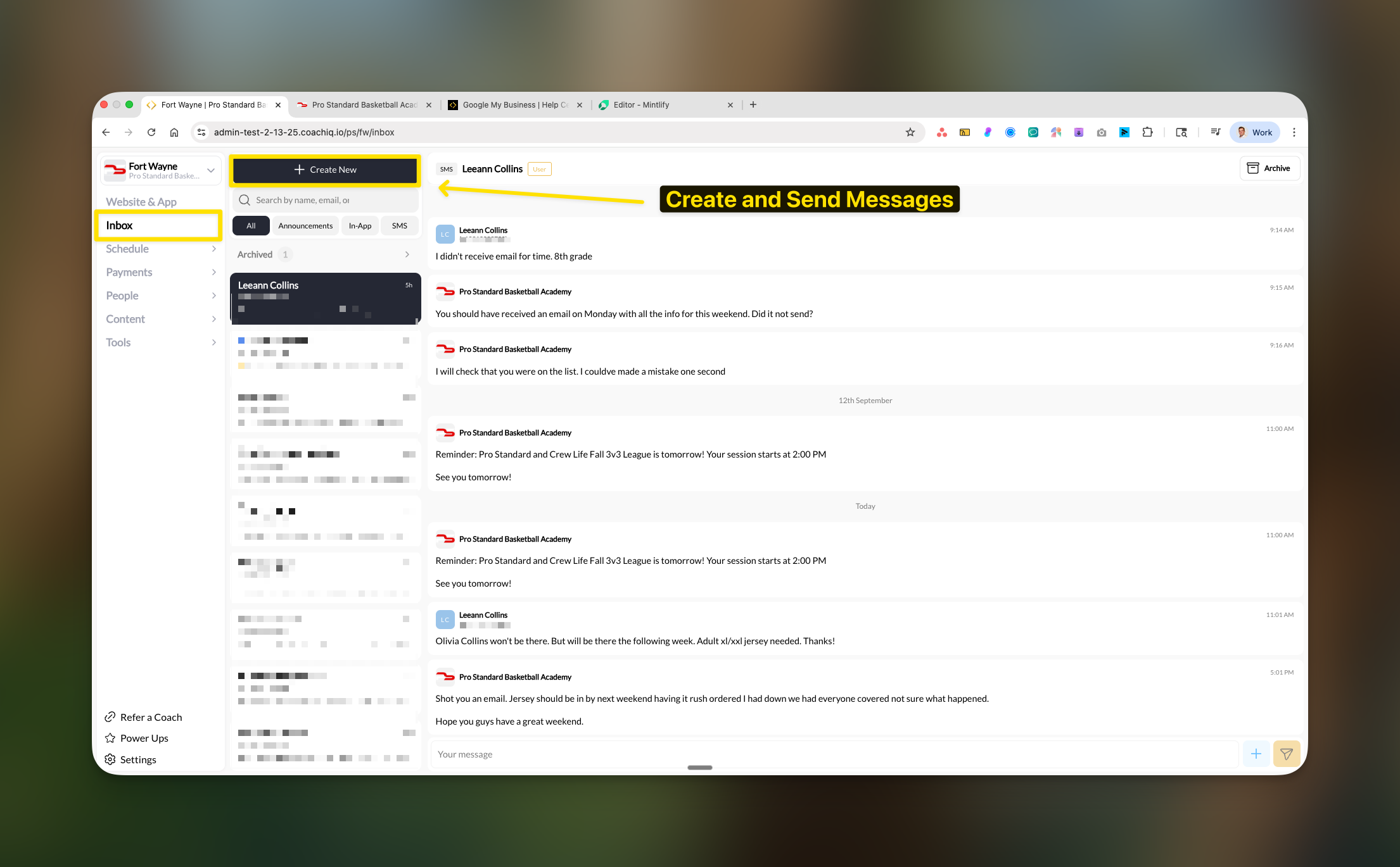 Coach Inbox interface showing athlete messages, timestamps, and reply functionality