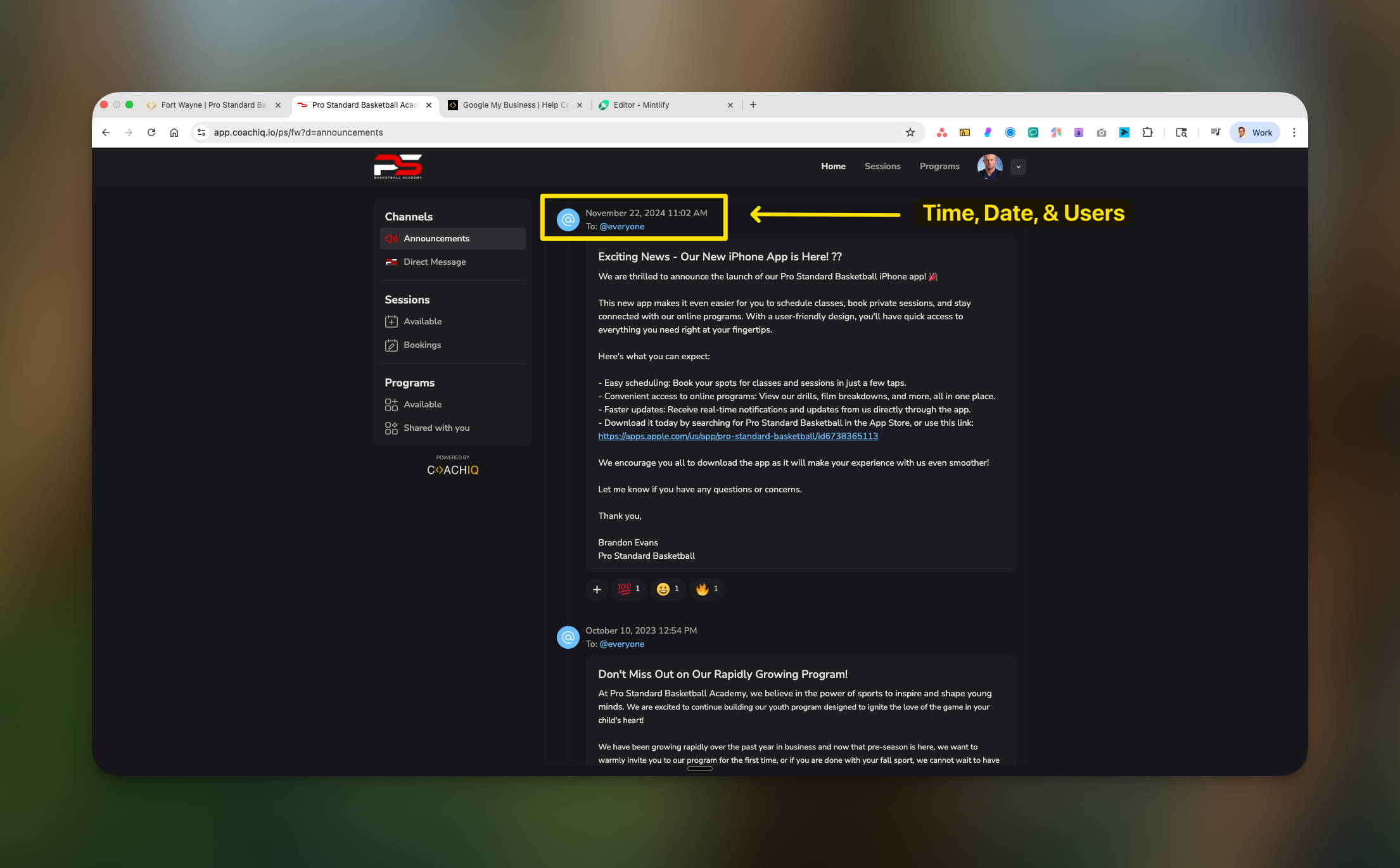 Detailed view of announcement showing timestamp, sender (@everyone), and full message with emoji reactions