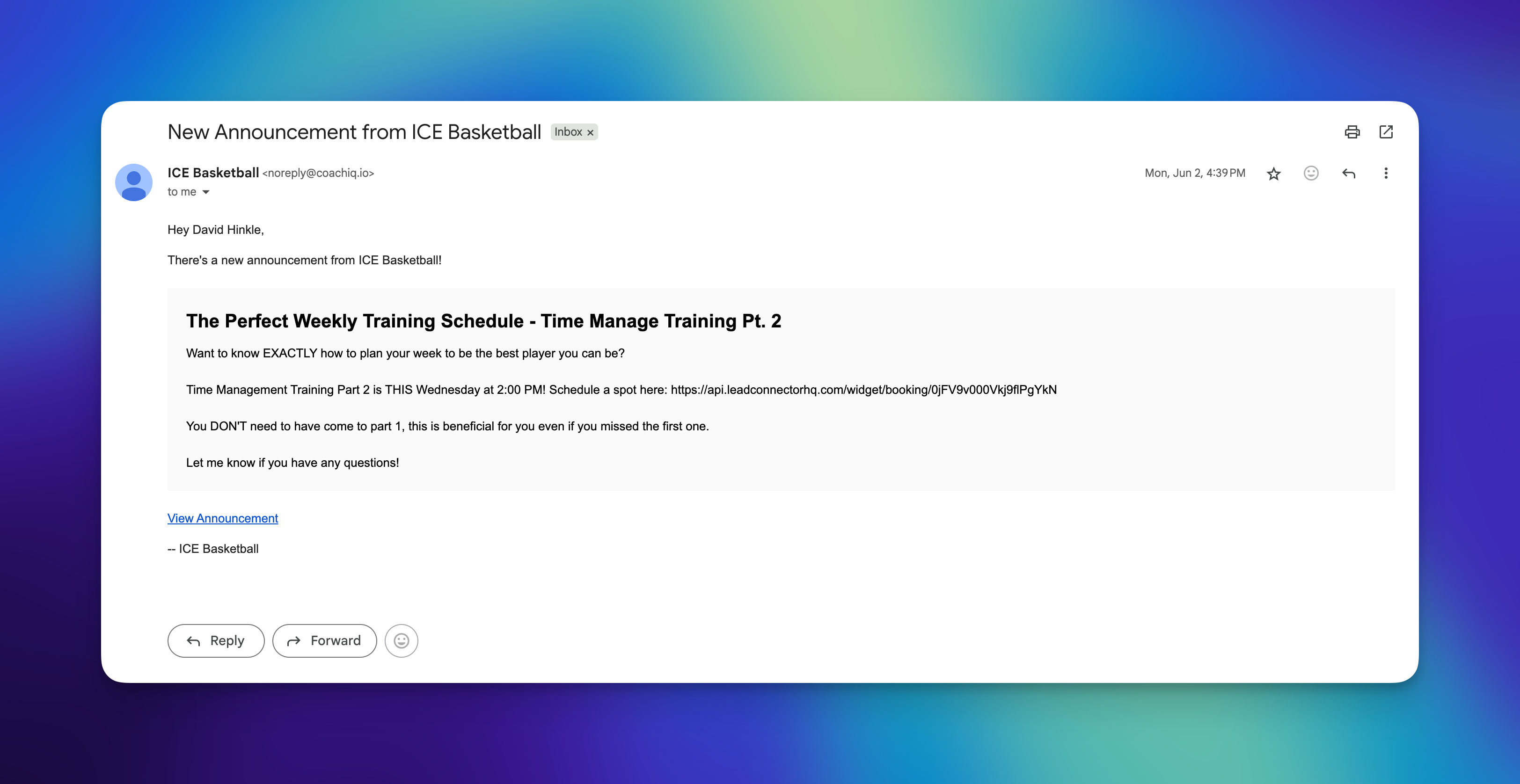 Example welcome announcement email to new athlete