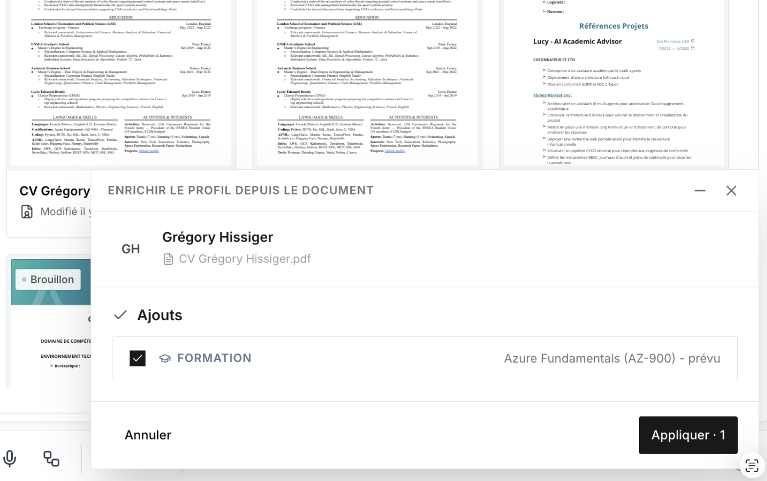 Enrichir le profil depuis un document importé avec gestion des conflits