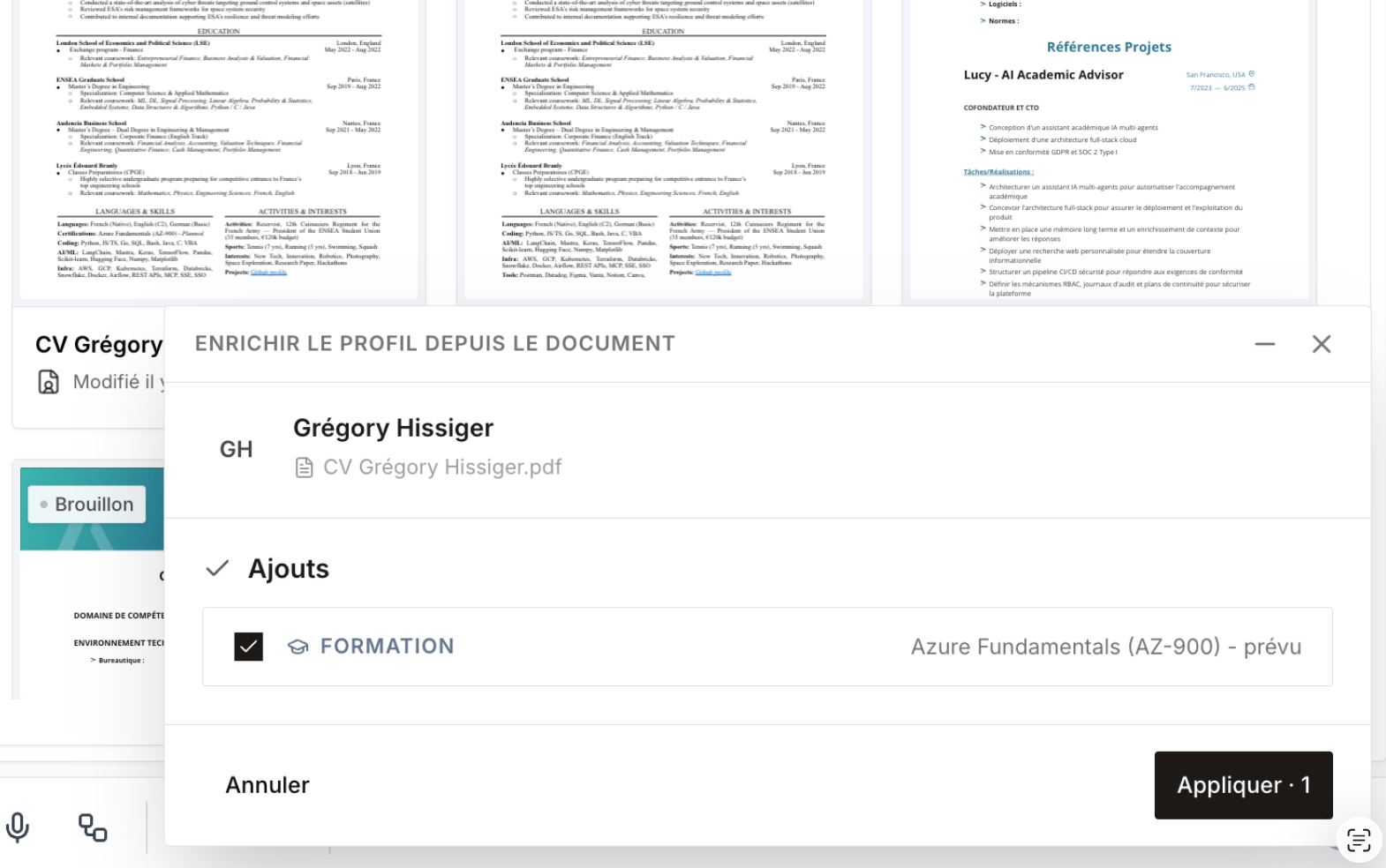 Enrichir le profil depuis un document importé avec gestion des conflits