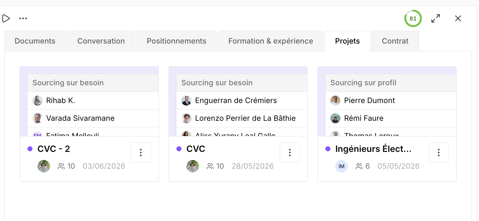 Lier un projet à un candidat, un besoin, un client ou une entreprise