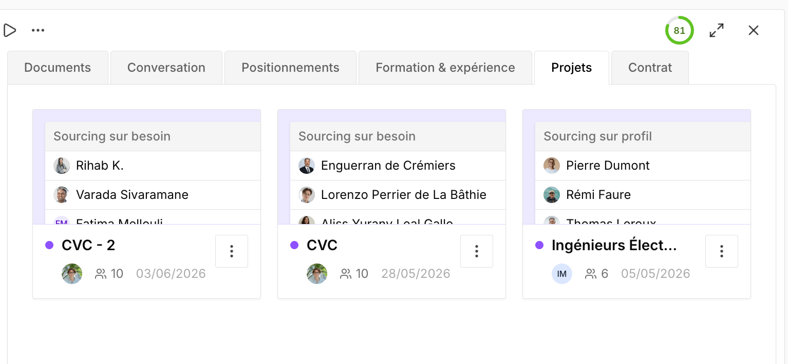 Lier un projet à un candidat, un besoin, un client ou une entreprise