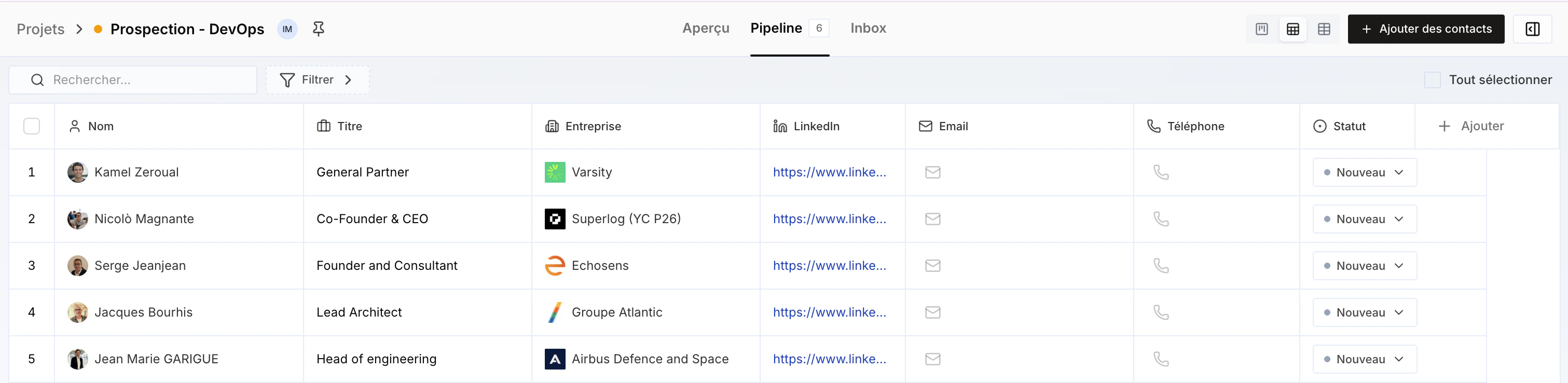 Vue Excel d'un projet de prospection
