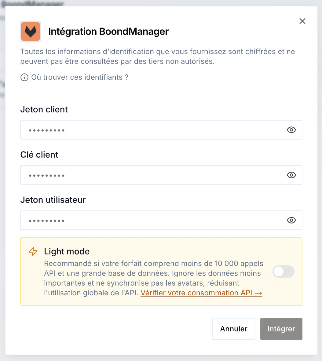 Modale d'intégration BoondManager : jeton client, clé client, jeton utilisateur et Light mode