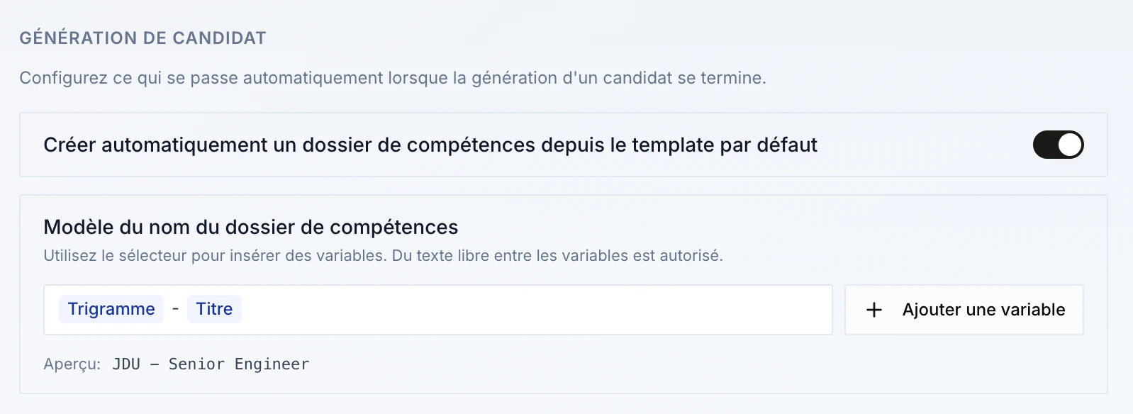 Paramètre de création automatique du dossier de compétences depuis le template par défaut