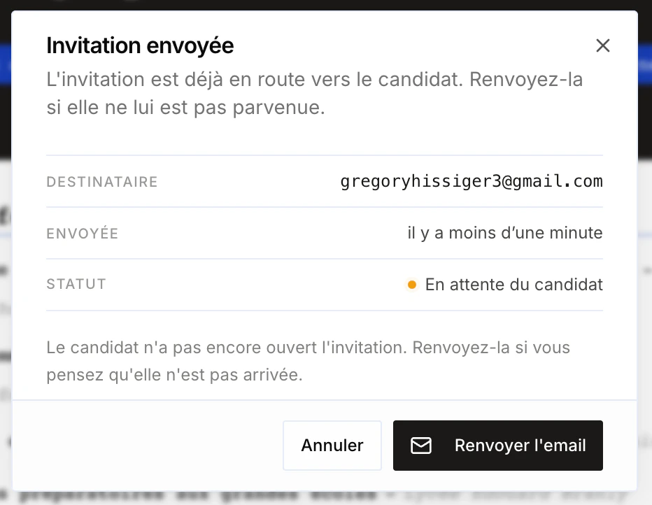 Modale Invitation envoyée avec le bouton Renvoyer l'email