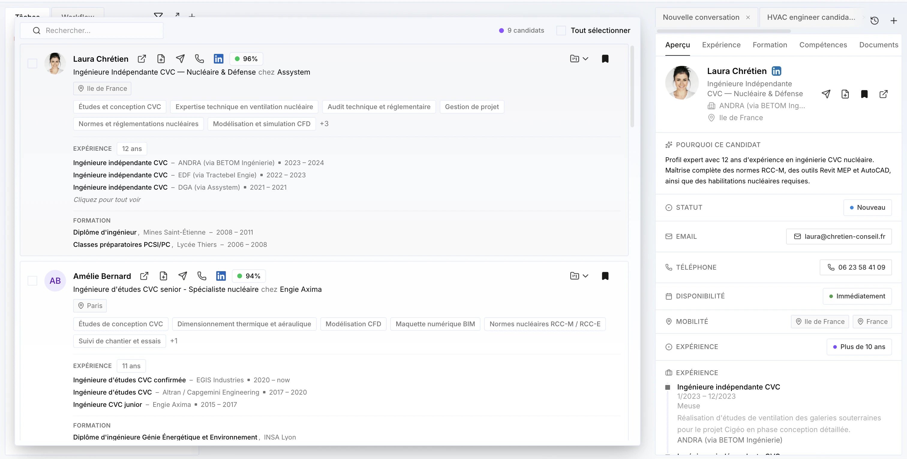 Détail d'un profil avec expériences et coordonnées