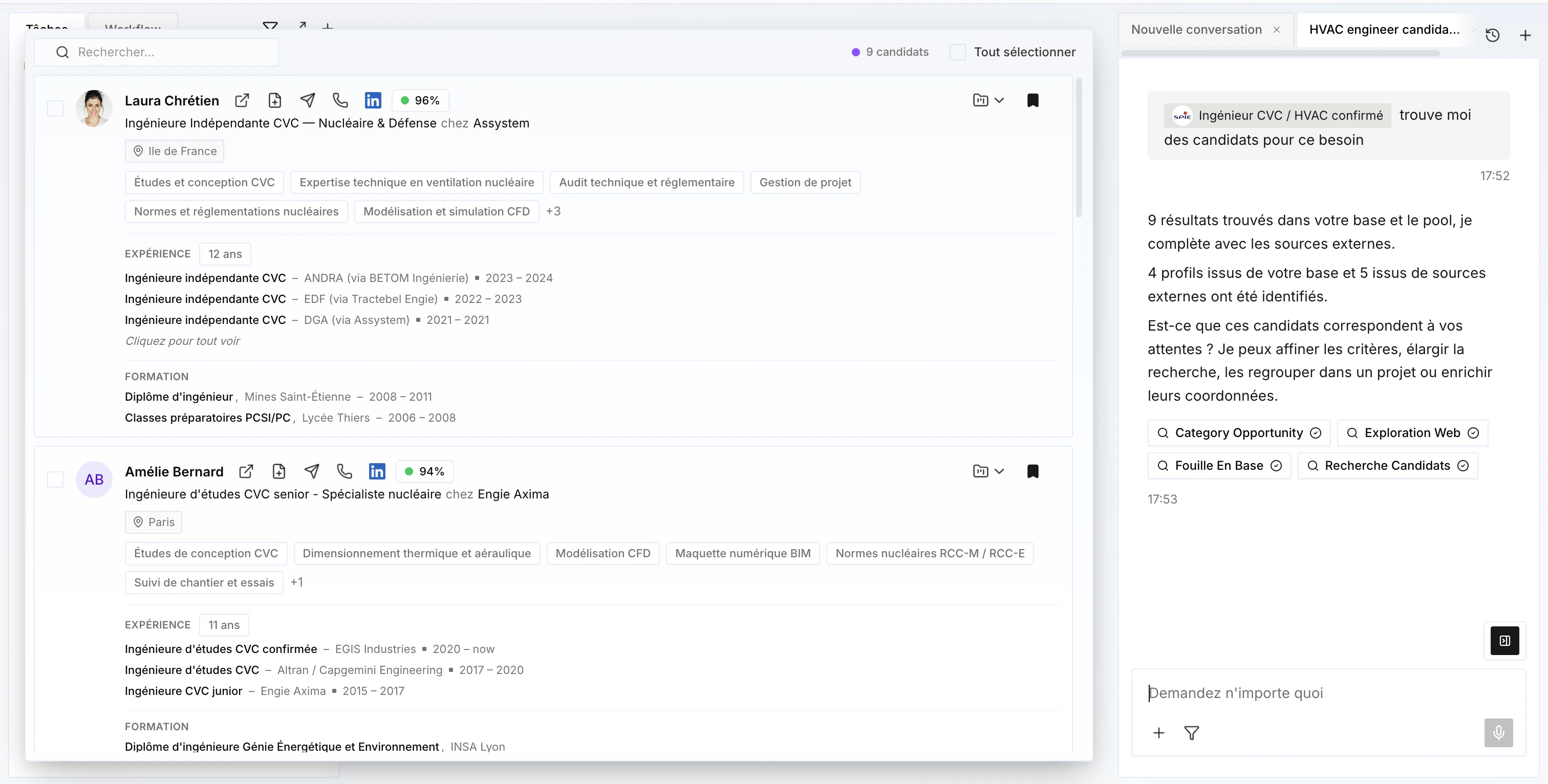 Liste des résultats du People Search Engine avec scores
