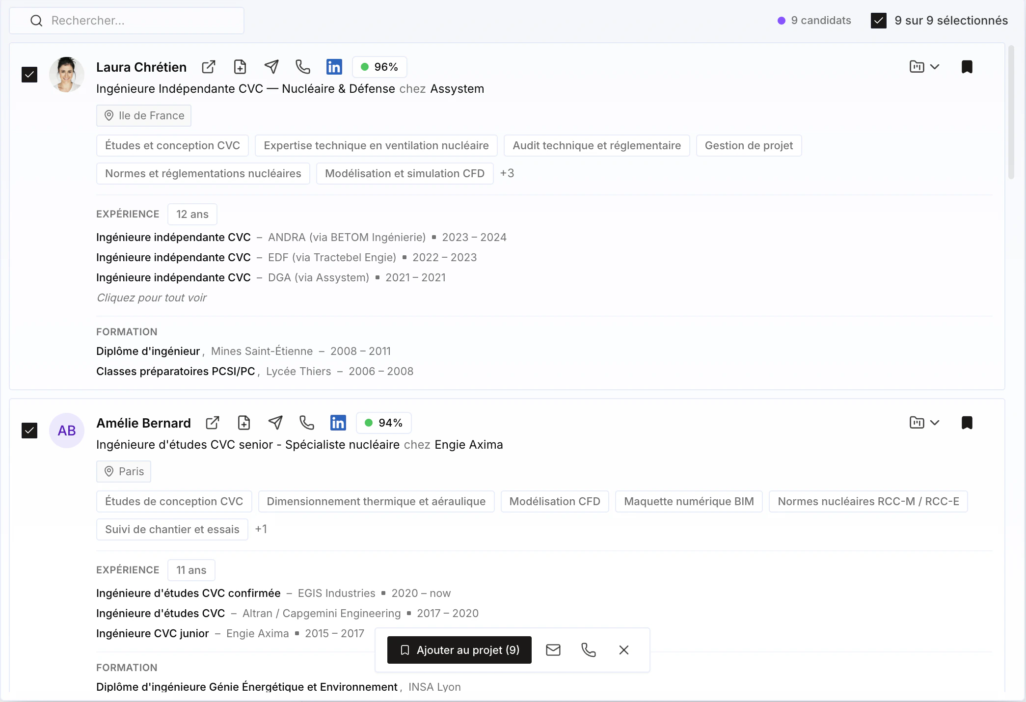 Sélection multiple de profils pour ajout à un projet