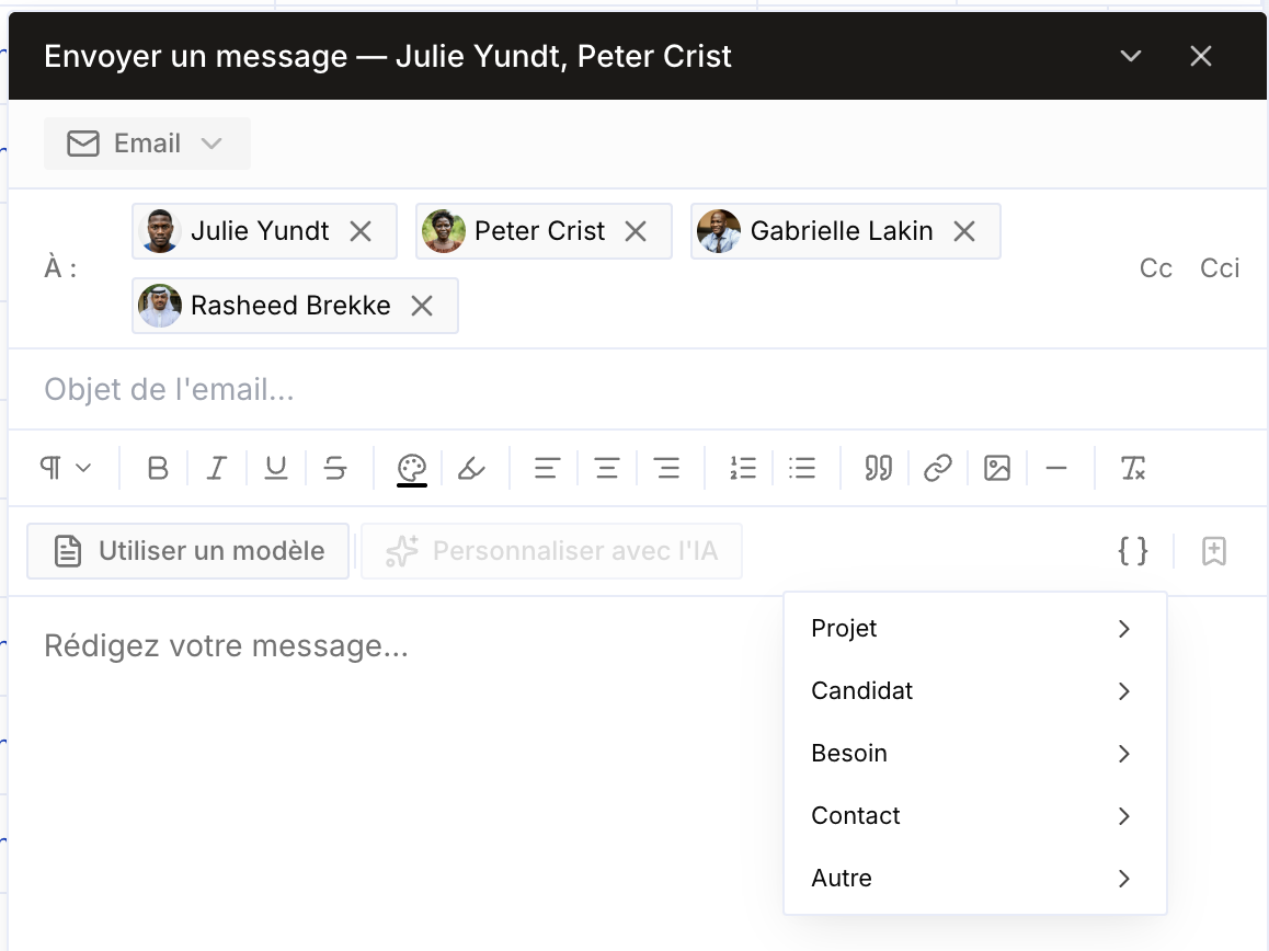 Créer un template et ajouter des variables directement depuis la fenêtre d'email