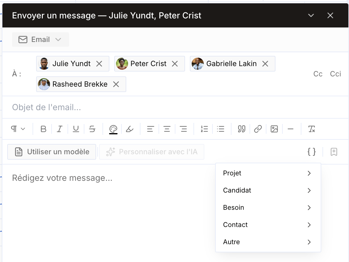 Créer un template et ajouter des variables directement depuis la fenêtre d'email