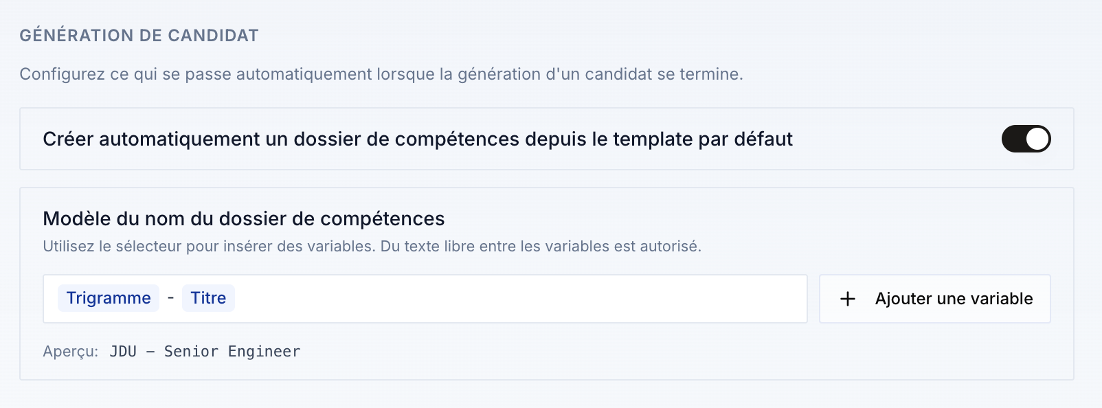 Paramètre de création automatique du dossier de compétences depuis le template par défaut