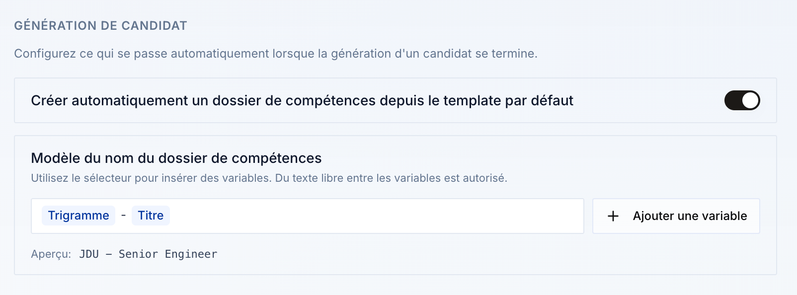 Paramètre de création automatique du dossier de compétences depuis le template par défaut