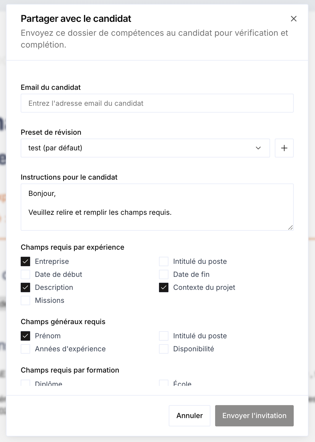 Modale Partager avec le candidat : email, instructions et champs requis
