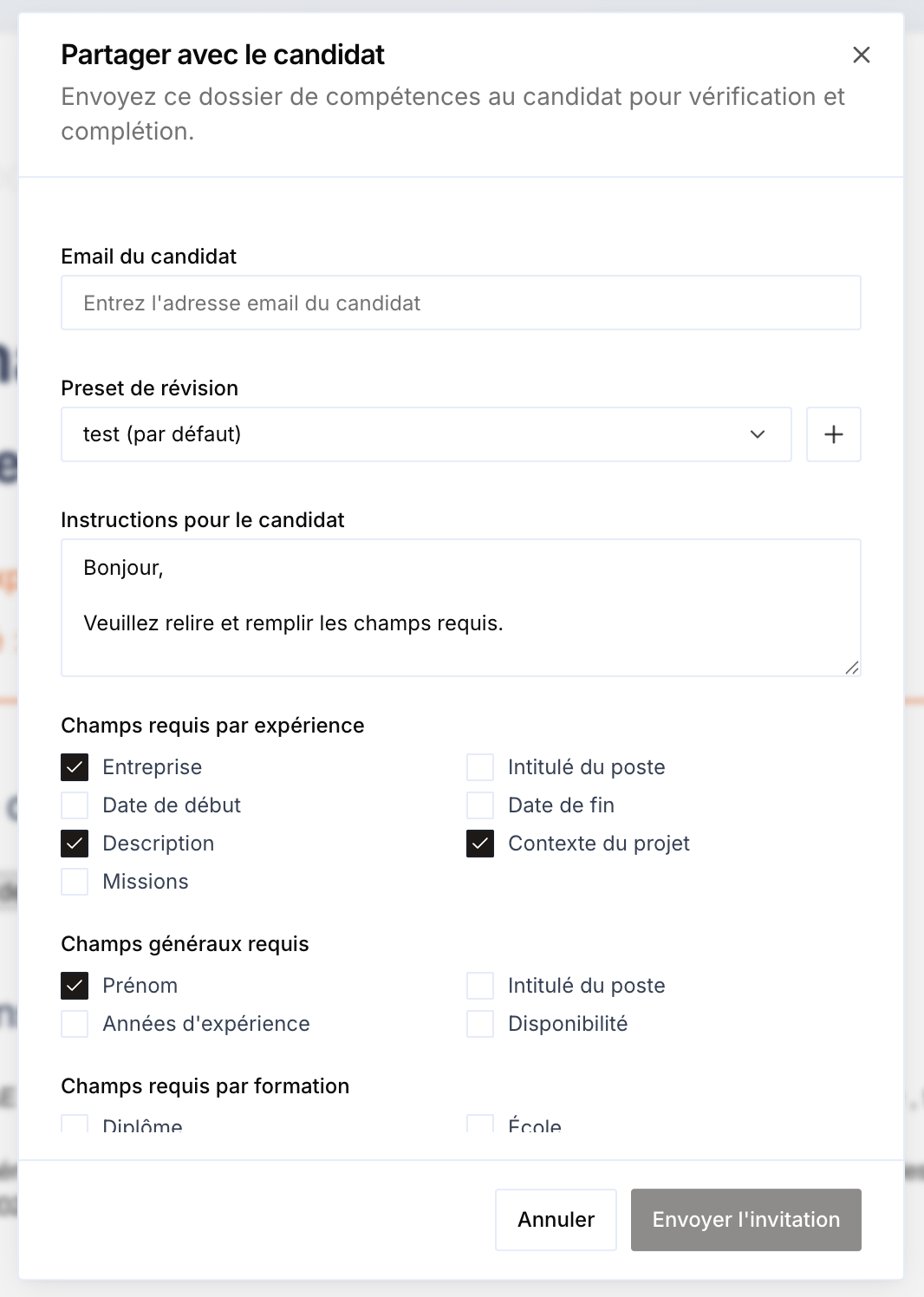 Modale Partager avec le candidat : email, instructions et champs requis