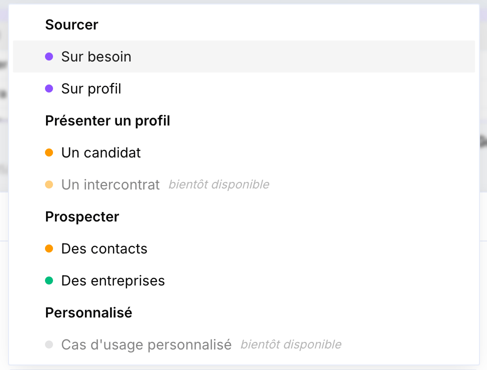 Choix du cas d'usage : Sourcer, Présenter un profil, Prospecter, Personnalisé
