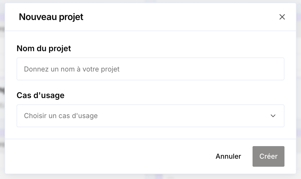 Modale Nouveau projet : nom du projet et cas d'usage