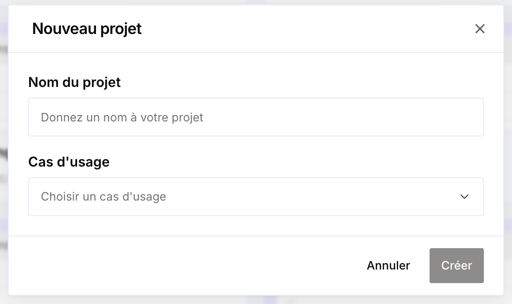 Modale Nouveau projet : nom du projet et cas d'usage