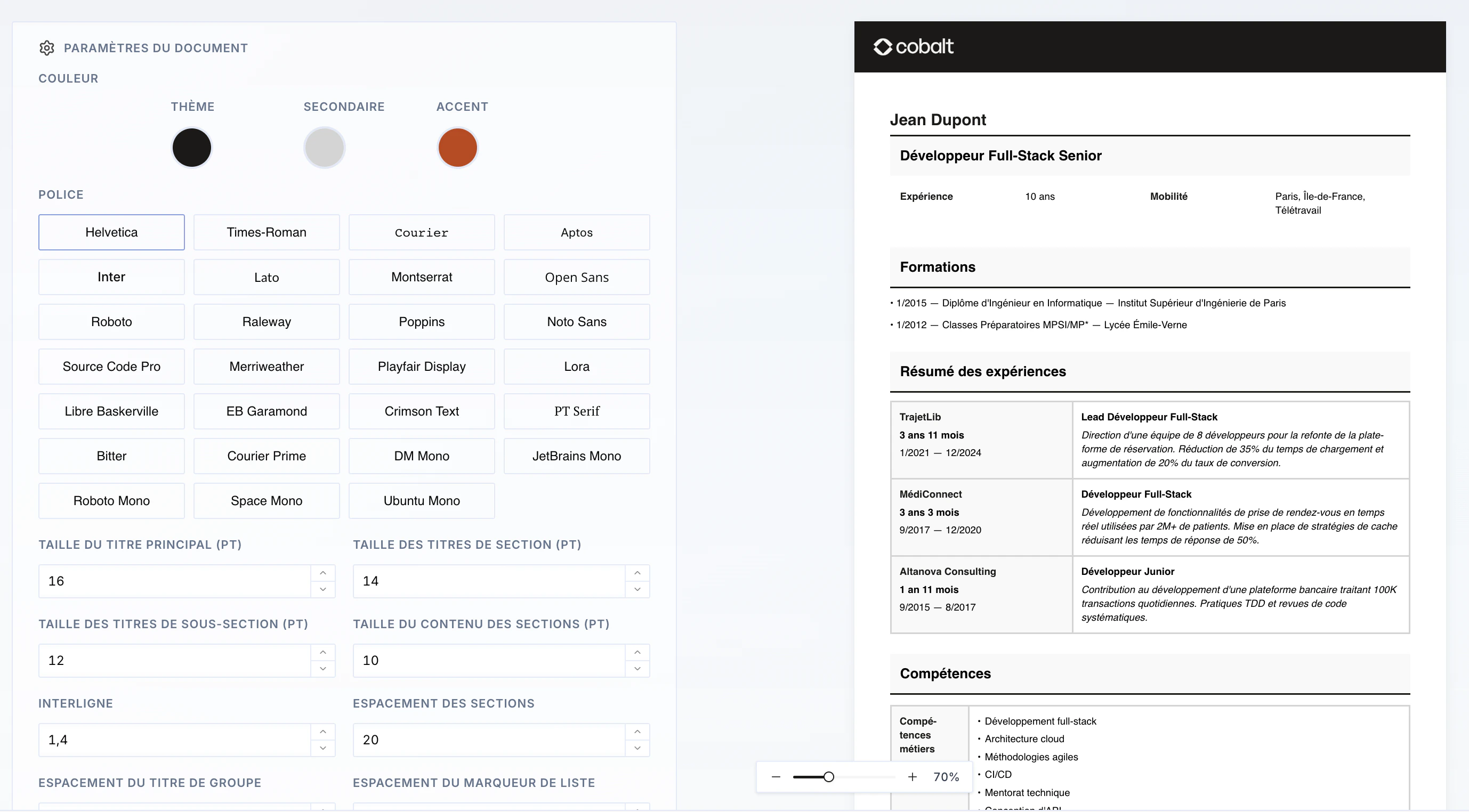 Éditeur de template de document avec aperçu d'un dossier de compétences