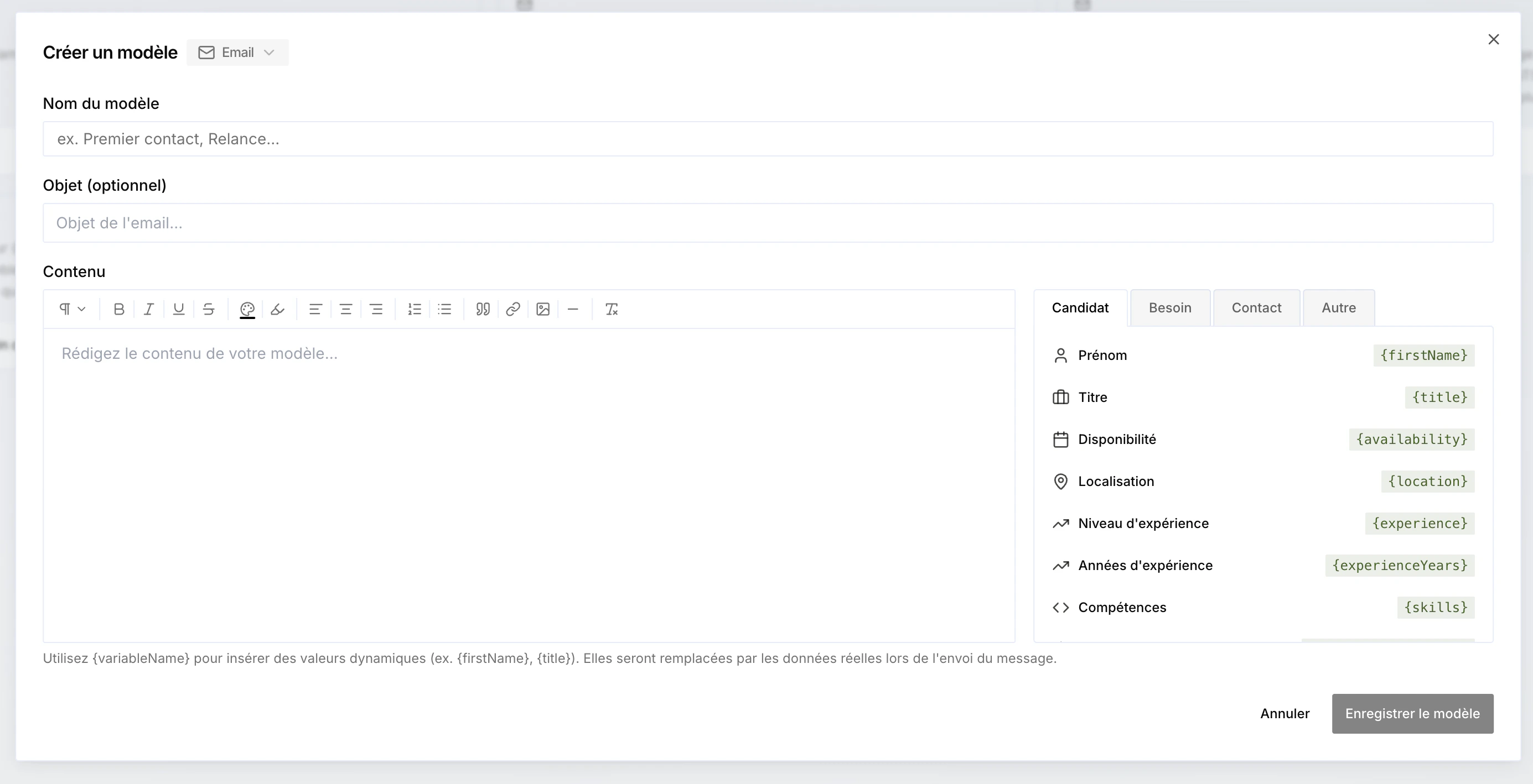 Message template editor with the available variables