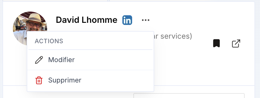 Menu Actions d'une fiche dans un projet : Modifier, Supprimer