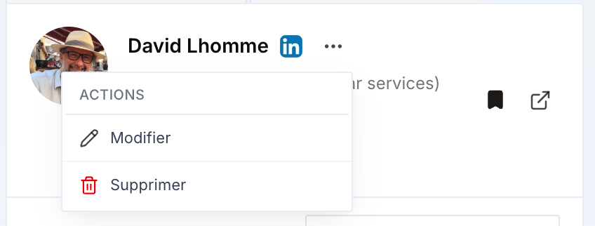 Menu Actions d'une fiche dans un projet : Modifier, Supprimer
