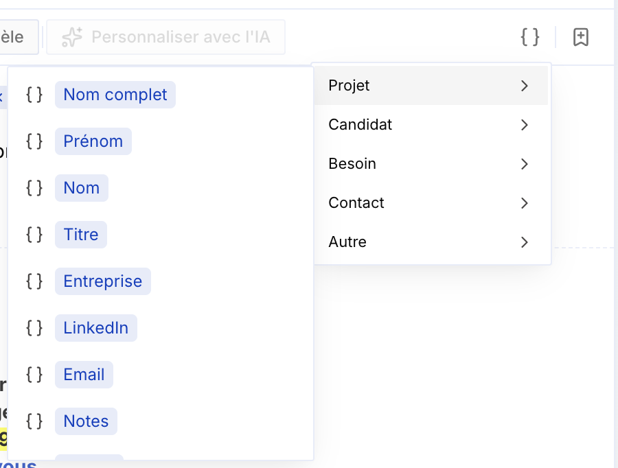Sélecteur de variables avec le type Projet (Nom complet, Prénom, Nom…)