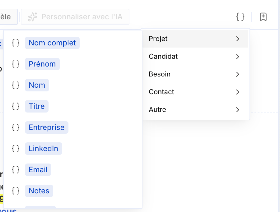 Sélecteur de variables avec le type Projet (Nom complet, Prénom, Nom…)