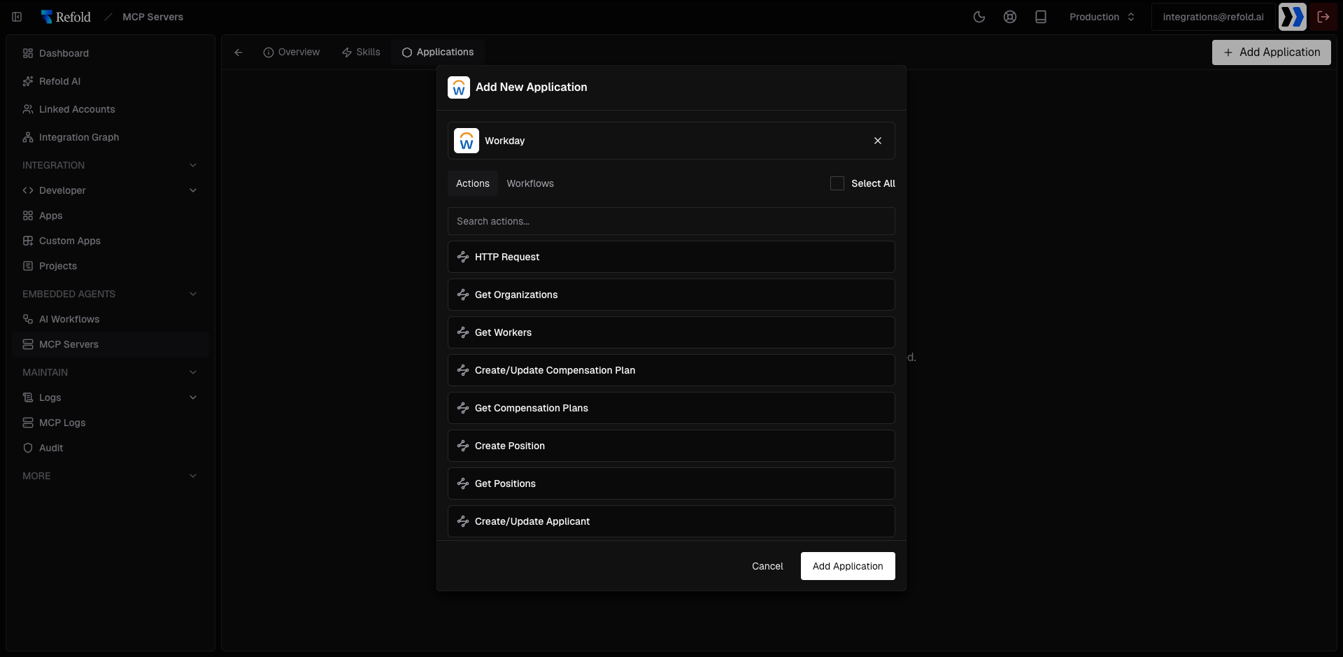 Adding a Workday application with available actions
