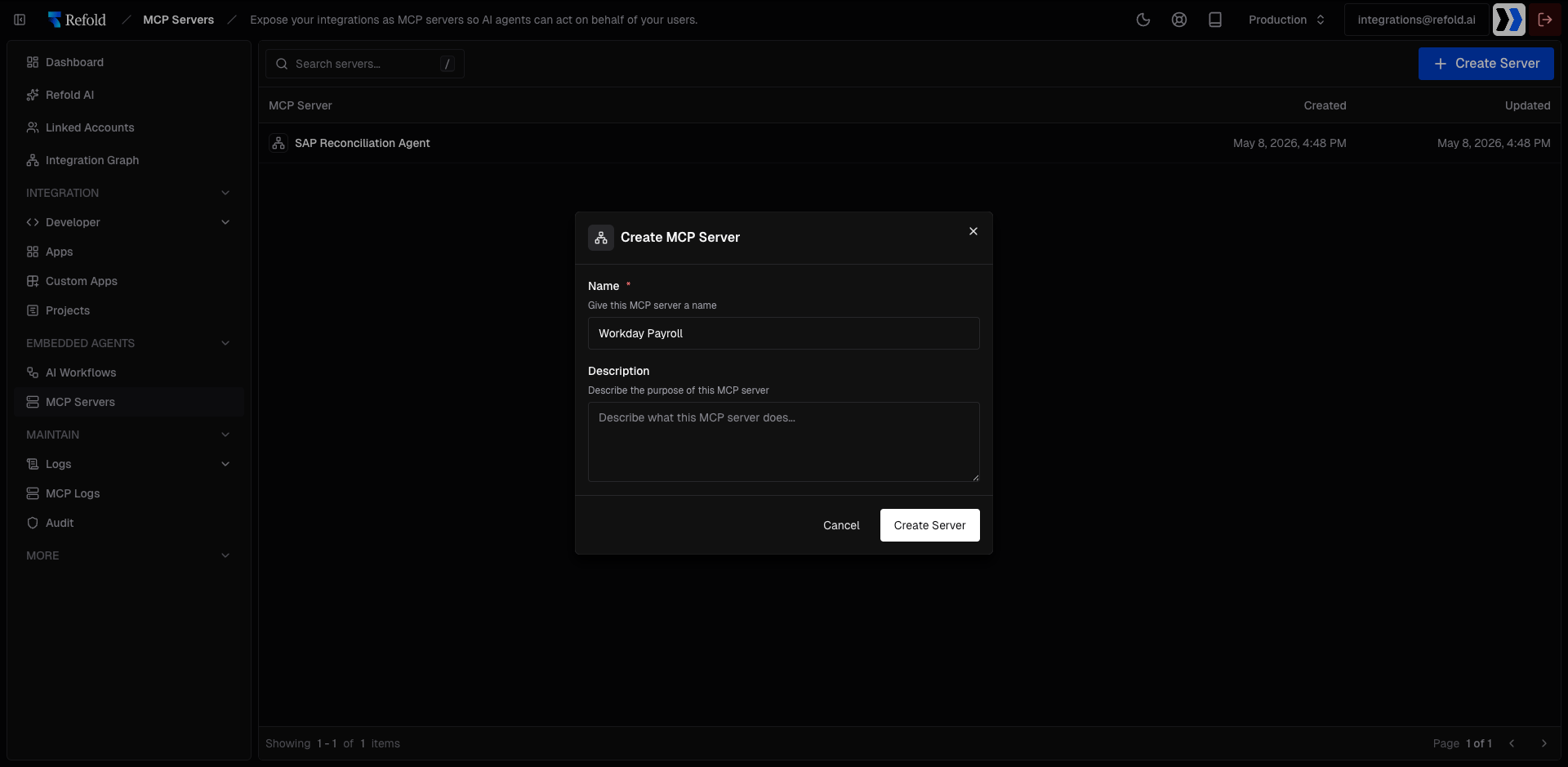 MCP Servers list with Create Server dialog