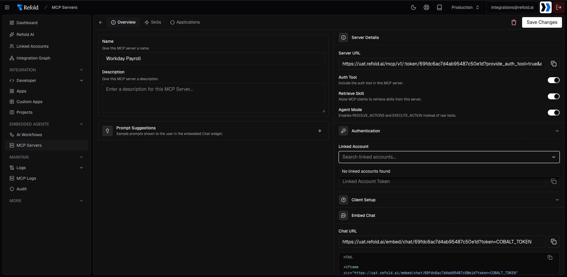 Server Overview tab showing Server URL and toggles