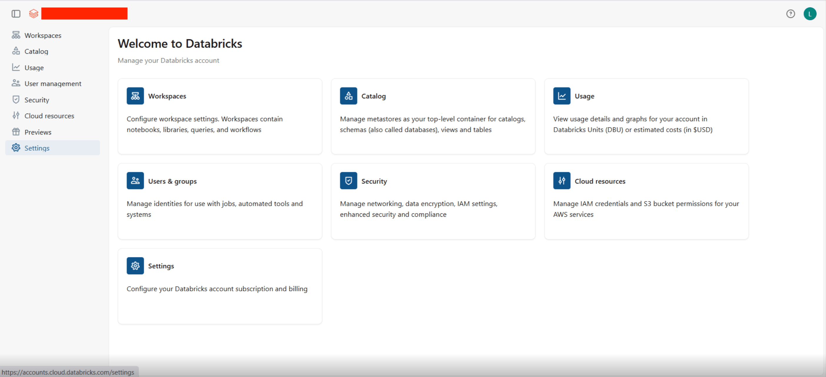 Databricks Account Console Landing Page