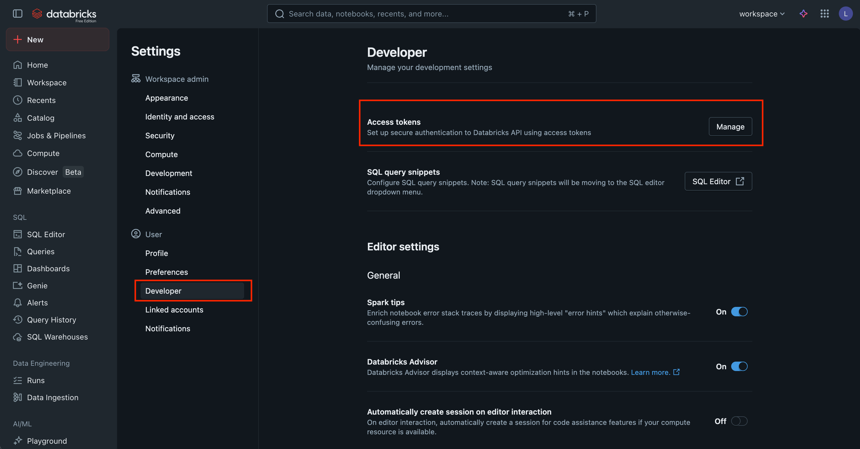 Navigation for Personal Access Token