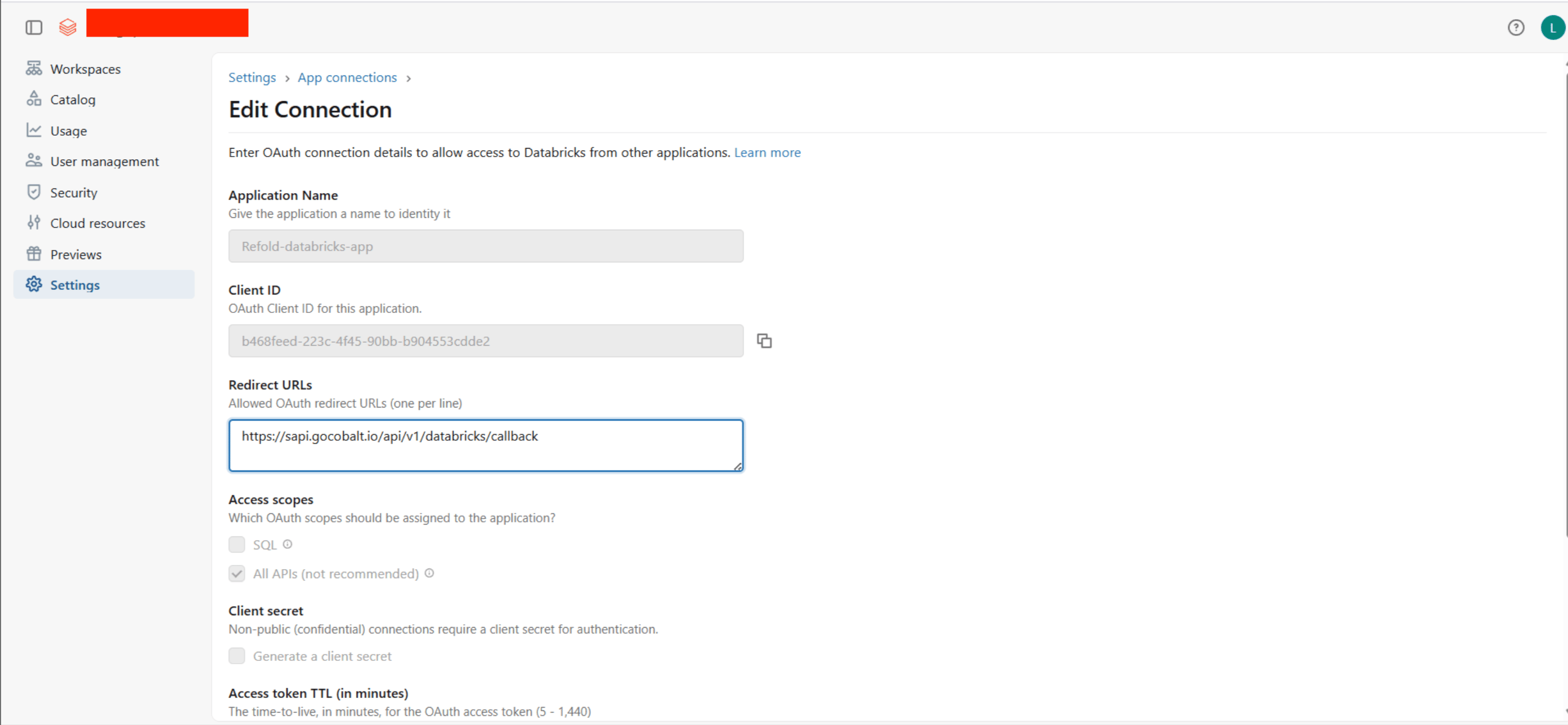 Add Connection Form in Databricks