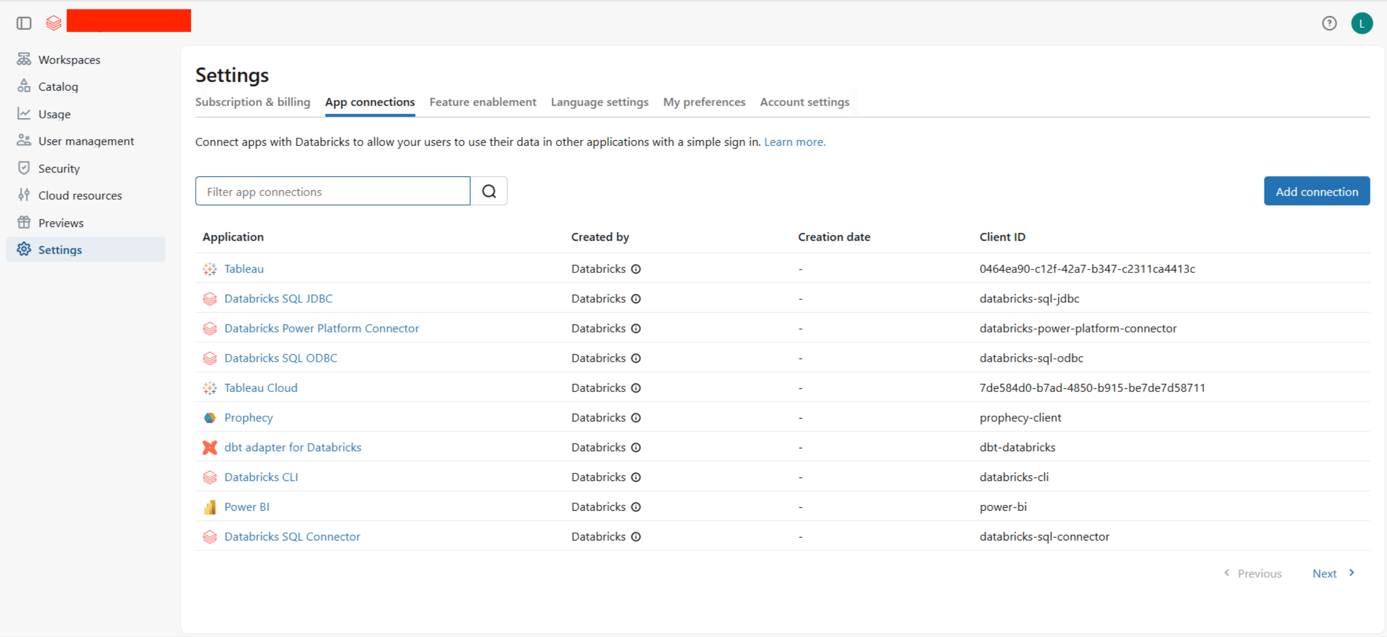App Connections in Databricks Settings