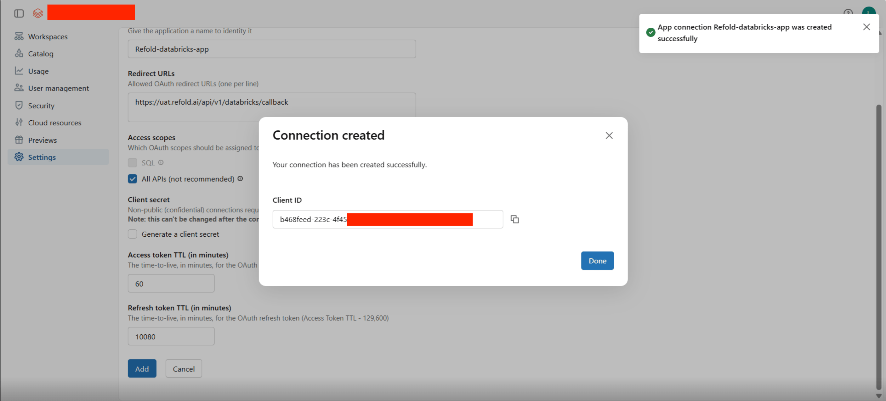Client ID from Databricks App Connection
